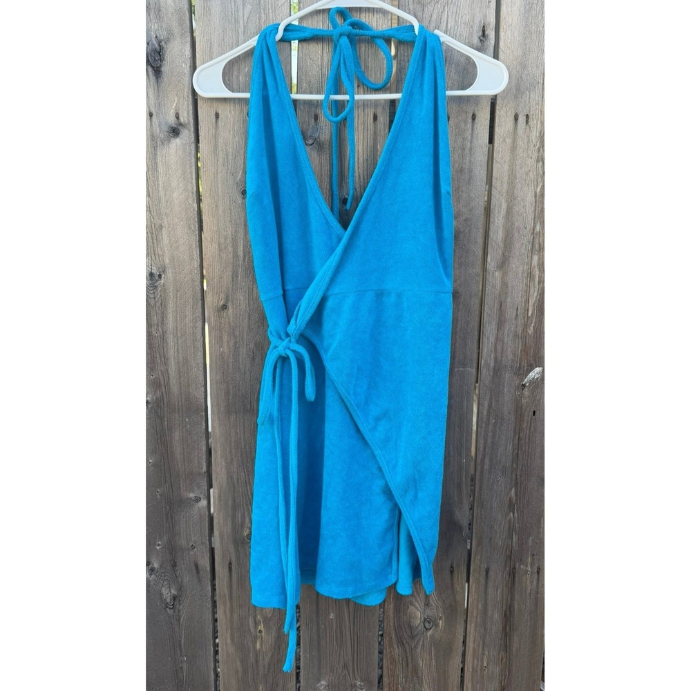 NIA NWT $68 Women's Blue Terrycloth Halter Tie Waist Wrap Beach Dress Sz Medium